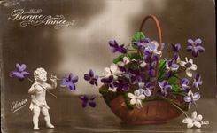 Feliz Ano Nuevo Santons - CPA de las flores