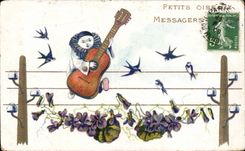 CPA Fantasy Small birds messengers Guitar Pierrot Swallows