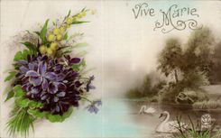 CPA Fantaisie Fleurs Vive Marie Cygne Swan 