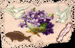 Fleurs Violette - Violet - Poisson d Avril - April Fool - oiseau - bird - dove - CPA 