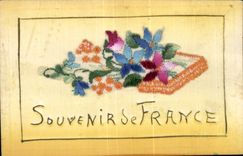 CPA Fantaisie Carte avec dentelle Souvenir de France Fleurs
