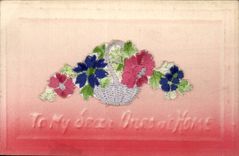 CPA Fantaisie Decor brode Fleurs To my dear ones at Home