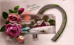 Feliz Ano Nuevo de las flores - herradura de la Feliz Ano Nuevo - CPA