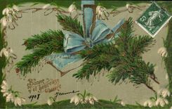 CPA Fantaisie Fleurs Bonne et heureuse annee Pin Sapin 