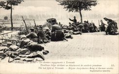 CPA Militaria last engagements has Termonde Tirailleurs Belgian stopping a detachment of Prussian cavalry