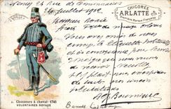 CPA Fantaisie Militaria Chasseurs tiene publiite real Chicoree Arlatte de Uniforme de los voluntarios del caballo 1745