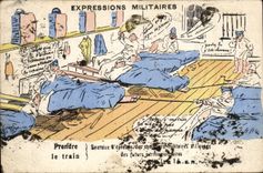 CPA Fantasy Militaria Humor military Expressions To take the train