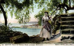 Menton - Entre les Oliviers - Etude Artistique - Femme Folklore - CPA 