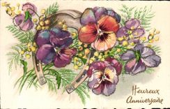 CPA Fantaisie Fleurs Heureux anniversaire Fer a cheval