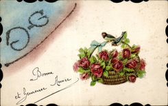 Fleurs basket of roses - CPA 