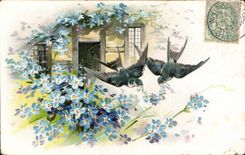 CPA Fantaisie Fleurs Hirondelles Muguet