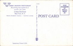 The United States - the USA - New York City - Three Crowns Restoring - 12 East 54th Street - Native Swedish Cooks - CPA