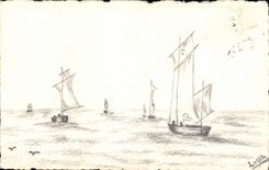 CPA Bateau dessin au crayon a la main