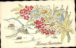 CPA Fantaisie Fleur Anniversaire