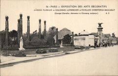 CPA Paris Exposition des arts Decoratifs Jardins floraux et colonnes lumineuses et Pavillon Christofle Baccarat