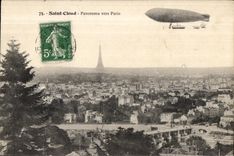 CPA Saint Cloud Panorama towards Paris Airship Zeppelin Eiffel Tower