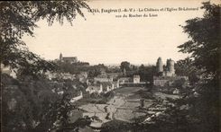 CPA Fougeres Le Chateau et l Eglise St Leonard vue du Rocher du Lion