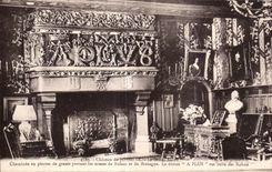 Castillo de CPA de Josselin la chimenea grande de la sala de estar fuera de las piedras del granito que llevan las armas de Rohan y de Bretana