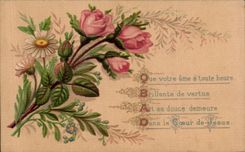 CPA Fantaisie Fleurs Que Votre arme a toute heure Brillante devertus Art sa douce demeure Dans le Coeur de Jesus