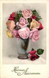 CPA Fantaisie Fleurs Heureux Anniversare
