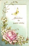 CPA Fantaisie Fleurs ouvenir de Bonne amitie Papillon Butterfly