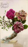 CPA Fantaisie Fleurs Bonne Annee Corne d abondance