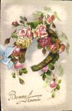 CPA Fantaisie Fleurs Bonne Annee Fer a cheval