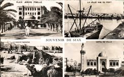 CPA Souvenir de Sfax Tunisie Place Jerome Fidele Ville vue du port Marche indigene Hotel de ville