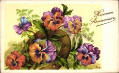 CPA fantaisie Heureux Anniversaire Fleurs Fer a cheval