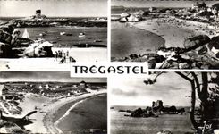 CPA Tregastel le rocher de la sorciere Plage de Coz Ports Plage de Greve blanche et chateau de Costaeres