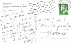 CPA Lourdes the Basilica In the center roof of the underground Basilica the Basilica and the Pyrenees the Cave