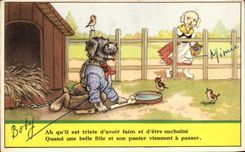 CPA Ah qu ll est triste d avoir faim et d etre enchaine Quand une belle fille et son panier Viennent a passer Chiens Dog