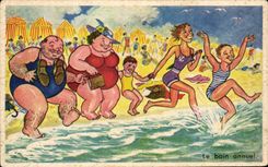 CPA Le bain annuel Humour Femme forte