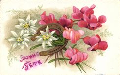 CPA Fantaisie Fleurs Bonne Annee Fer a cheval