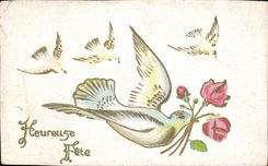 CPA Heureuse Fete Colombe Fleurs