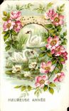 CPA Fantaisie fleurs Heureuse Annee Cygne 