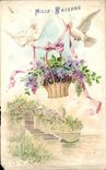 CPA Fantaisie Fleurs Colombes Oiseaux 