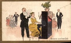 Chromo Romance Sentimentale A Francois les Bas bleus Ganterie Leduc FAubourg Montmartre Paris Eglise Notre Dame Piano
