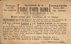 Chromo Succursale de la Table D'hote Blond rue Montmartre Maison connue pour l'excellence de sa Cuisine Paris Militaria