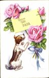CPA Fantaisie Fleurs Roses Chien Bonne fete papa