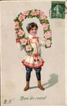 CPA Fantaisie Enfant Don du coeur Garcon Fleurs