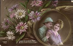 CPA Fantaisie Femme Fleurs Militaria 