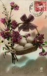 CPA Fantaisie Fleurs Paques oeufs