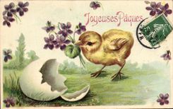 CPA Fantaisie Fleurs Poussins Paques Oeuf
