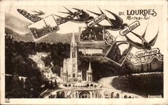 CPA De Lourdes Portez lui mes voeux Hirondelles 