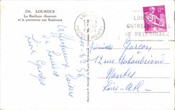 CPSM Lourdes La Basilique illuminee et la procession aux flambeaux