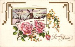 CPA Fantaisie fleurs Moulin Bonne Annee