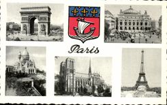 CPA Paris Tour Eiffel Arc de TRiomphe Sacre Coeur Opera Notre Dame