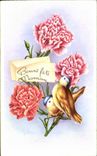 CPA Fantaisie fleurs oiseau Bonne Fete