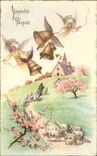 CPA Fantaisie Joyeuses Paques Cloches Anges Moutons 
